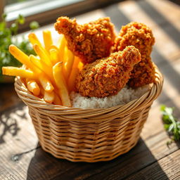 A vibrant and appetizing scene featuring crispy fried chicken, golden french fries, and fluffy rice beautifully presented inside a woven basket