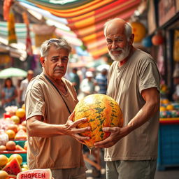 A scene depicting a frustrated, lazy man in a sunlit market, dripping with sweat as he hands a large, vibrant watermelon back to a cheerful vendor