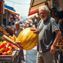 A scene depicting a frustrated, lazy man in a sunlit market, dripping with sweat as he hands a large, vibrant watermelon back to a cheerful vendor