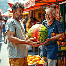 A scene depicting a frustrated, lazy man in a sunlit market, dripping with sweat as he hands a large, vibrant watermelon back to a cheerful vendor