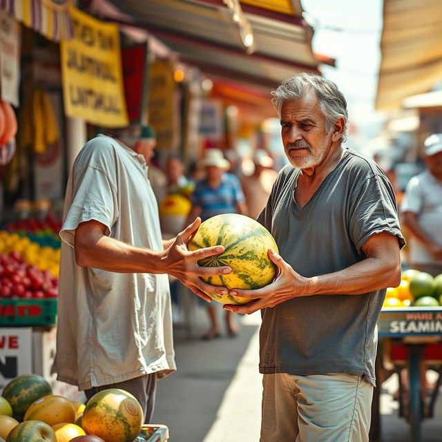 A scene depicting a frustrated, lazy man in a sunlit market, dripping with sweat as he hands a large, vibrant watermelon back to a cheerful vendor