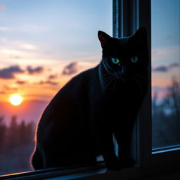 A majestic black cat perched elegantly on a windowsill, silhouetted against a glowing sunset