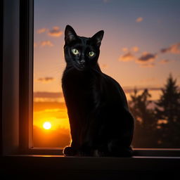 A majestic black cat perched elegantly on a windowsill, silhouetted against a glowing sunset