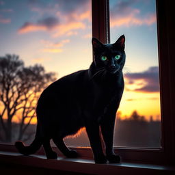 A majestic black cat perched elegantly on a windowsill, silhouetted against a glowing sunset