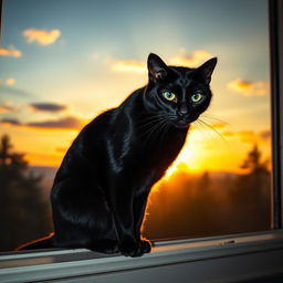 A majestic black cat perched elegantly on a windowsill, silhouetted against a glowing sunset