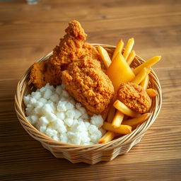 A delicious plate featuring crispy fried chicken (pollo frito), golden french fries (papas fritas), and fluffy white rice, all beautifully arranged inside a bottomless basket