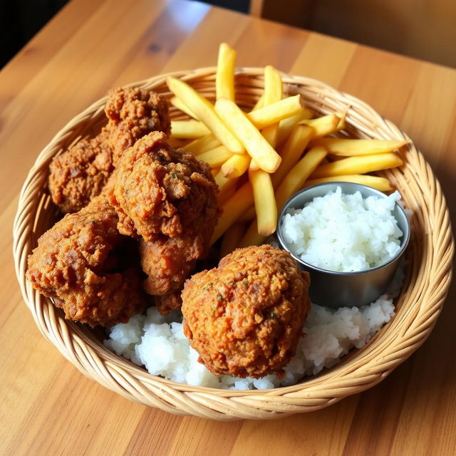 A delicious plate featuring crispy fried chicken (pollo frito), golden french fries (papas fritas), and fluffy white rice, all beautifully arranged inside a bottomless basket