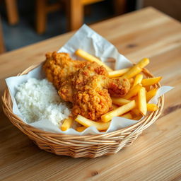A delicious plate featuring crispy fried chicken (pollo frito), golden french fries (papas fritas), and fluffy white rice, all beautifully arranged inside a bottomless basket