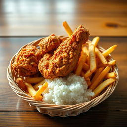 A delicious plate featuring crispy fried chicken (pollo frito), golden french fries (papas fritas), and fluffy white rice, all beautifully arranged inside a bottomless basket