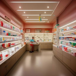 Design an appealing 12x30 feet pharmacy interior showcasing organized medicine shelves, comfortable consultation spaces, and attention-capturing signage