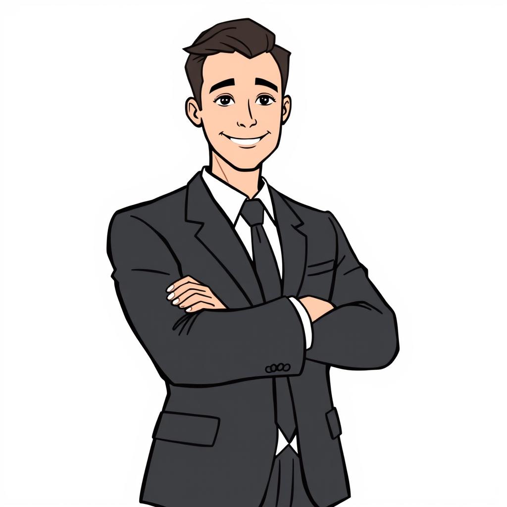 A simple and easy drawing of a business man, wearing a classic dark suit and a tie, standing confidently with arms crossed