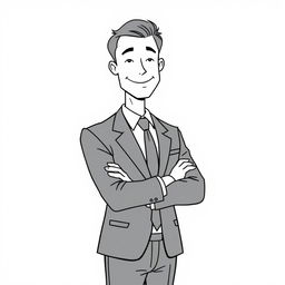 A simple and easy drawing of a business man, wearing a classic dark suit and a tie, standing confidently with arms crossed