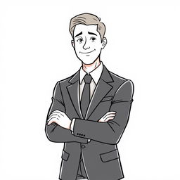 A simple and easy drawing of a business man, wearing a classic dark suit and a tie, standing confidently with arms crossed