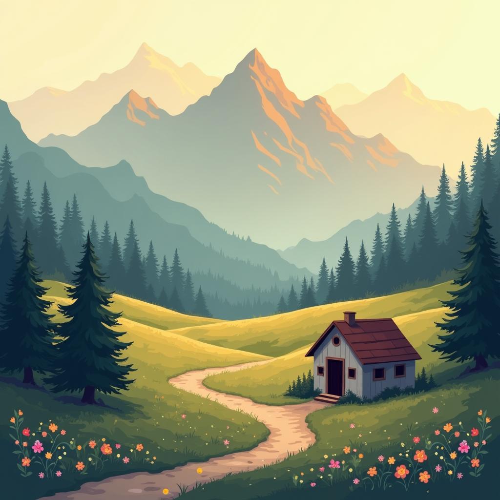 A cozy indie aesthetic landscape depicting data distribution as mountains, where the mountains are shaped like bell curves and histograms, each mountain representing different data sets with varying heights and slopes