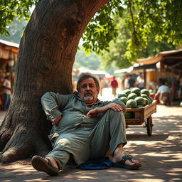 A scene depicting a lazy man slouching against a large tree trunk with an exasperated expression on his face