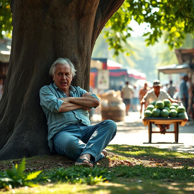 A scene depicting a lazy man slouching against a large tree trunk with an exasperated expression on his face