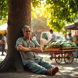A scene depicting a lazy man slouching against a large tree trunk with an exasperated expression on his face