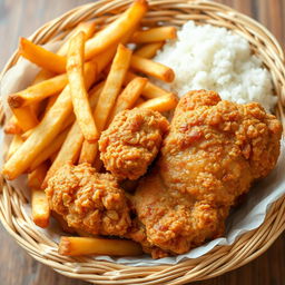 A delicious serving of fried chicken, crispy French fries, and rice arranged inside a woven basket