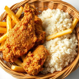 A delicious serving of fried chicken, crispy French fries, and rice arranged inside a woven basket