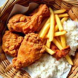 A delicious serving of fried chicken, crispy French fries, and rice arranged inside a woven basket