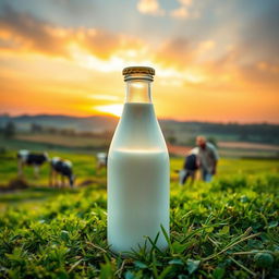 A glass milk bottle with a golden cap, sitting amidst a picturesque scene of a cow farm