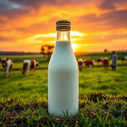 A glass milk bottle with a golden cap, sitting amidst a picturesque scene of a cow farm