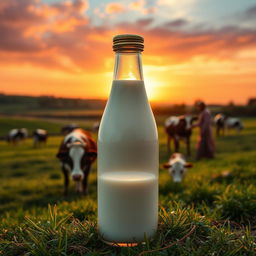 A glass milk bottle with a golden cap, sitting amidst a picturesque scene of a cow farm