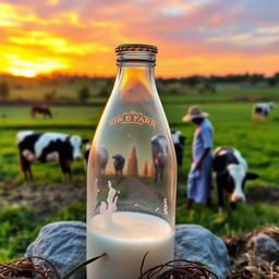 A glass milk bottle with a golden cap, sitting amidst a picturesque scene of a cow farm
