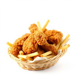 A close-up view of crispy fried chicken and golden french fries presented in a woven basket
