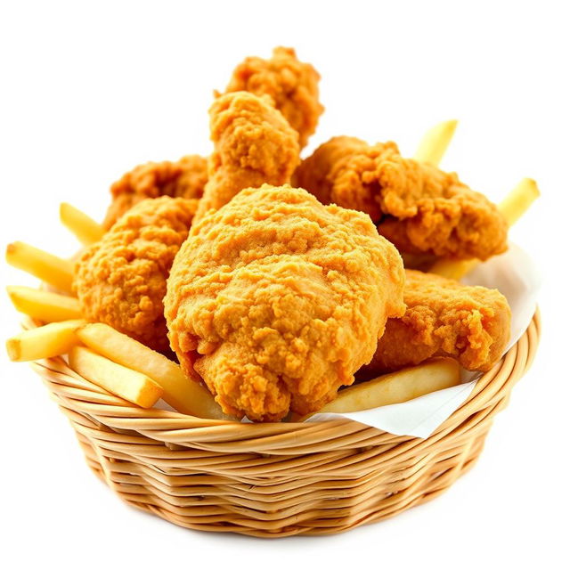 A close-up view of crispy fried chicken and golden french fries presented in a woven basket