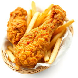 A close-up view of crispy fried chicken and golden french fries presented in a woven basket