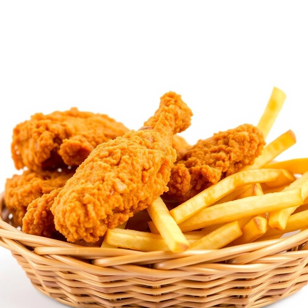 A close-up view of crispy fried chicken and golden french fries presented in a woven basket