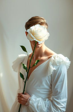 A beautiful portrait of a male figure dressed in an ethereal white dress, reminiscent of a princess's gown