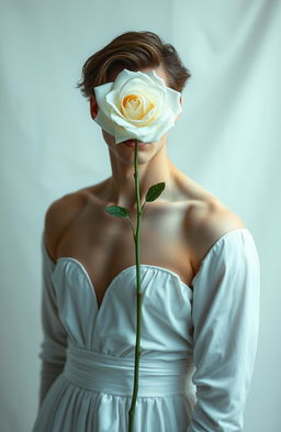 A beautiful portrait of a male figure dressed in an ethereal white dress, reminiscent of a princess's gown