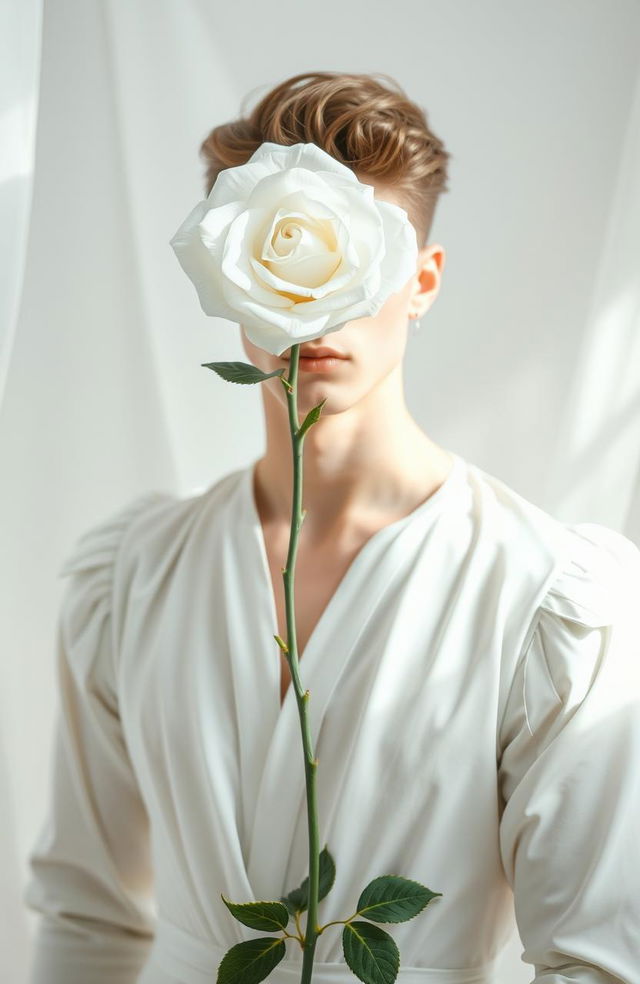 A beautiful portrait of a male figure dressed in an ethereal white dress, reminiscent of a princess's gown