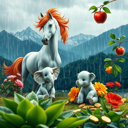 A stunning landscape featuring a rainy scene with a lush green plant in the foreground