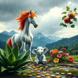 A stunning landscape featuring a rainy scene with a lush green plant in the foreground