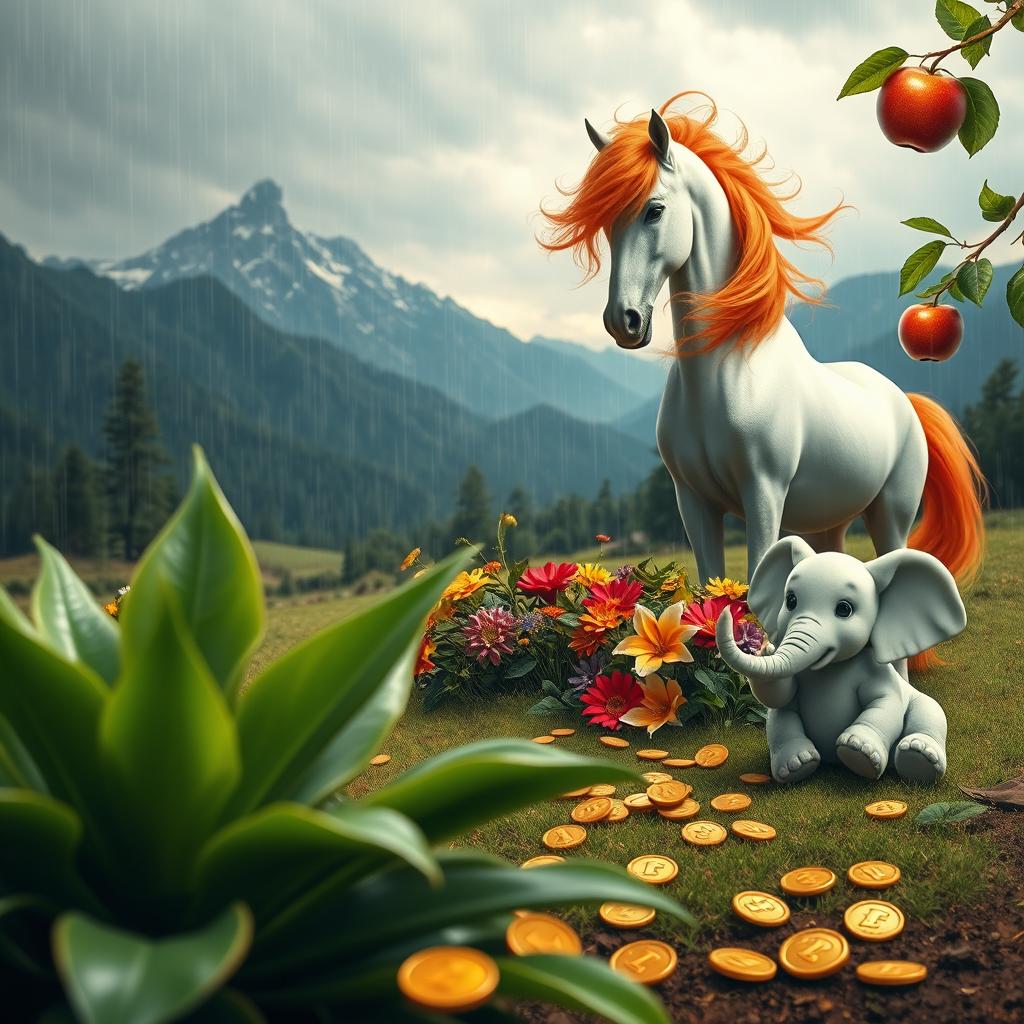 A stunning landscape featuring a rainy scene with a lush green plant in the foreground