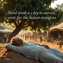 A serene scene depicting a lazy man sleeping soundly under a large, leafy tree