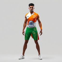 A dynamic and elegant outfit designed for an Indian athlete, featuring a blend of vibrant saffron, white, and green colors that represent the national flag of India