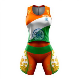 A dynamic and elegant outfit designed for an Indian athlete, featuring a blend of vibrant saffron, white, and green colors that represent the national flag of India