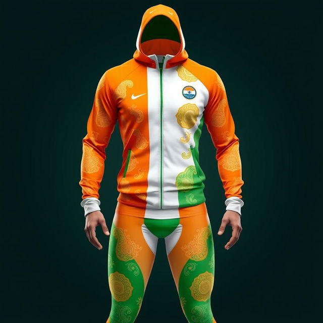 A dynamic and elegant outfit designed for an Indian athlete, featuring a blend of vibrant saffron, white, and green colors that represent the national flag of India