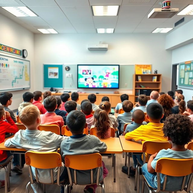 A modern smart classroom filled with students attentively sitting on their chairs facing a large smart TV displaying educational content