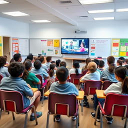 A modern smart classroom filled with students attentively sitting on their chairs facing a large smart TV displaying educational content