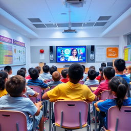 A modern smart classroom filled with students attentively sitting on their chairs facing a large smart TV displaying educational content