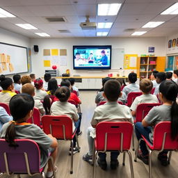 A modern smart classroom filled with students attentively sitting on their chairs facing a large smart TV displaying educational content