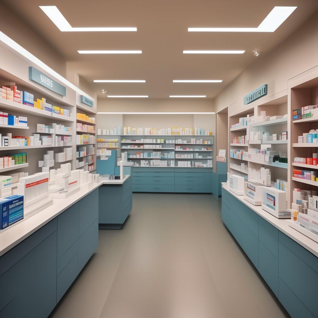 Design an appealing 12x30 feet pharmacy interior showcasing organized medicine shelves, comfortable consultation spaces, and attention-capturing signage