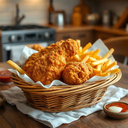 A delicious serving of crispy fried chicken and golden French fries presented beautifully in a rustic wicker basket