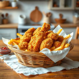 A delicious serving of crispy fried chicken and golden French fries presented beautifully in a rustic wicker basket
