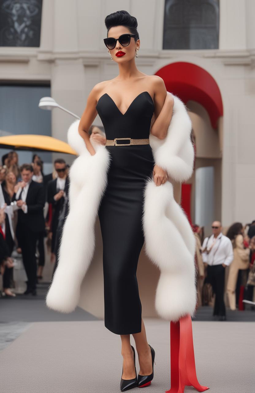 A wide-angle photograph at a premiere event featuring a tall, elegant half-Greek model with caramel-colored skin, styled in the spirit of Cruella Deville